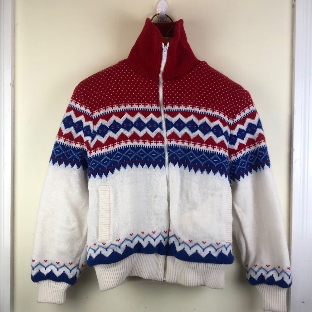 Vintage Fingerhut Red White Blue Knit Sweater Zip Jacket Coat w/ Fleece Lining